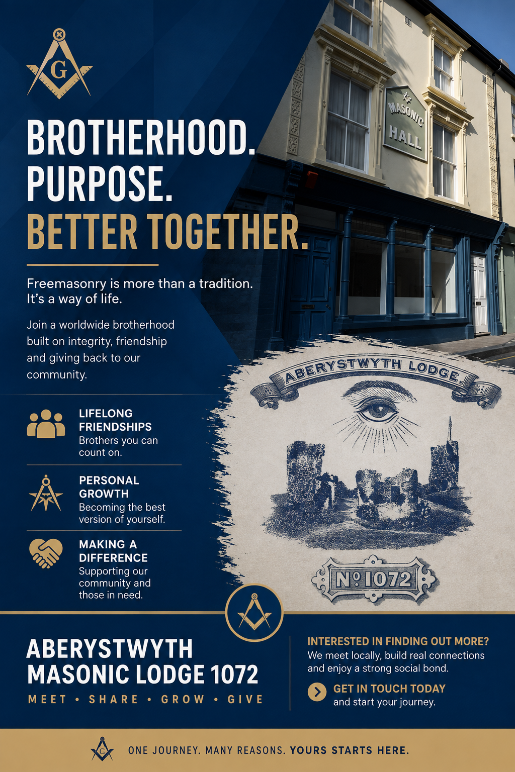 Brotherhood. Purpose. Better Together. — Aberystwyth Masonic Lodge 1072 poster showing the Lodge hall, emblem, and the values of lifelong friendships, personal growth, and making a difference.