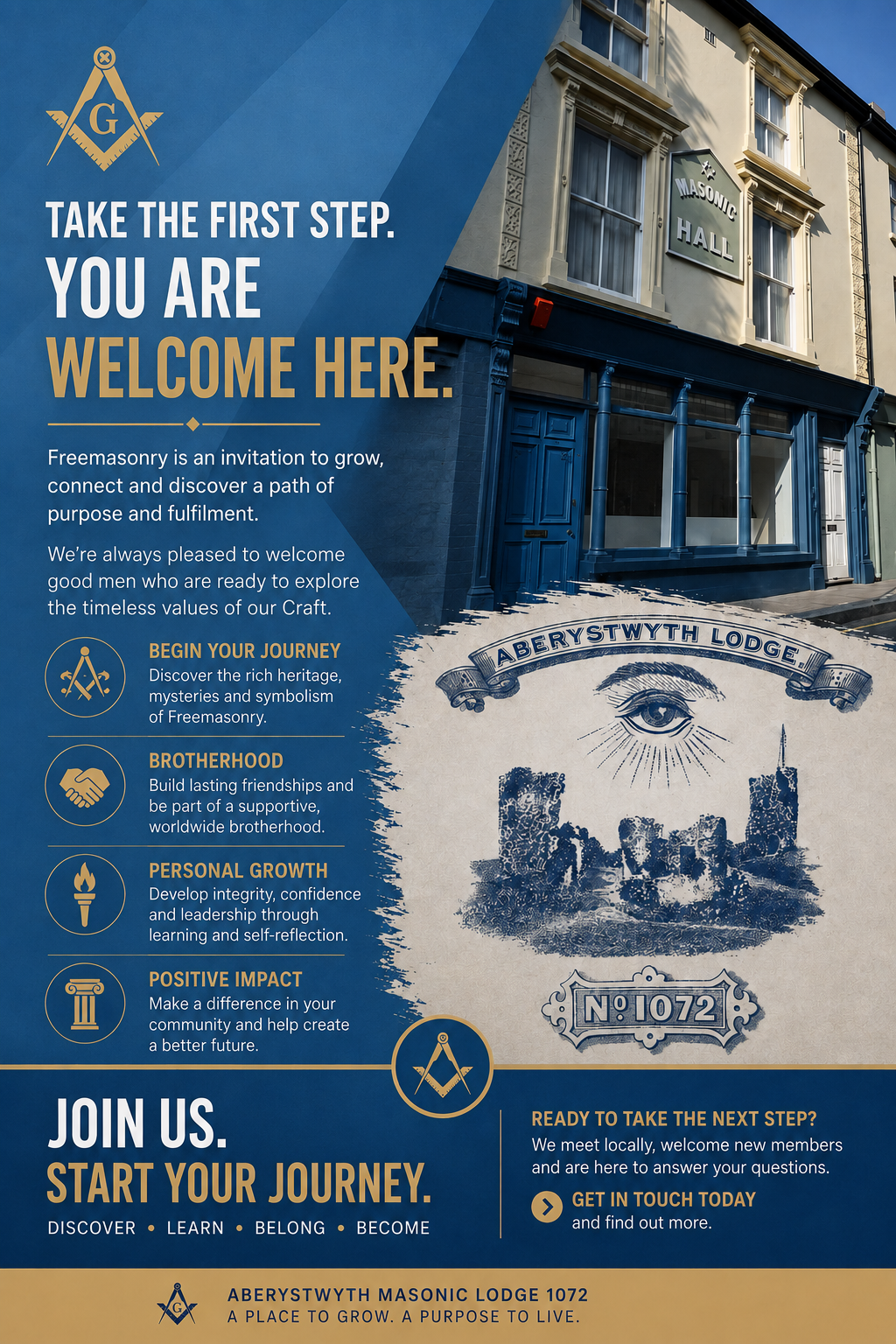 Take the first step — You are welcome here. Aberystwyth Masonic Lodge 1072 recruitment poster.